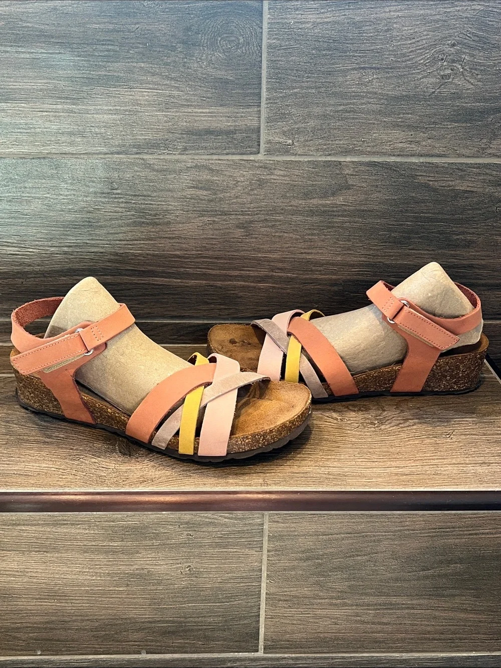 Leather Multi-Strap Cork Footbed Sandals in Pink/Coral & Pastels, Made in Italy
